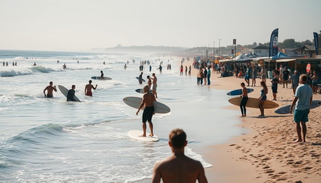 A sun-drenched beach, waves rolling in gently. In the foreground, surfers paddling out, respecting the lineup and taking turns catching the sets. In the middle ground, seasoned locals sharing tips and stories, passing down the unwritten etiquette of the local surf culture. In the background, a vibrant community of beachgoers, casual observers, and surf brand vendors, all immersed in the laidback, welcoming atmosphere of the coastal scene. Dramatic yet soft lighting, captured through a wide-angle lens that emphasizes the expansive, communal nature of the setting. An image that conveys the essence of surfing as a lifestyle, where respect, camaraderie, and a deep connection to the ocean are paramount.