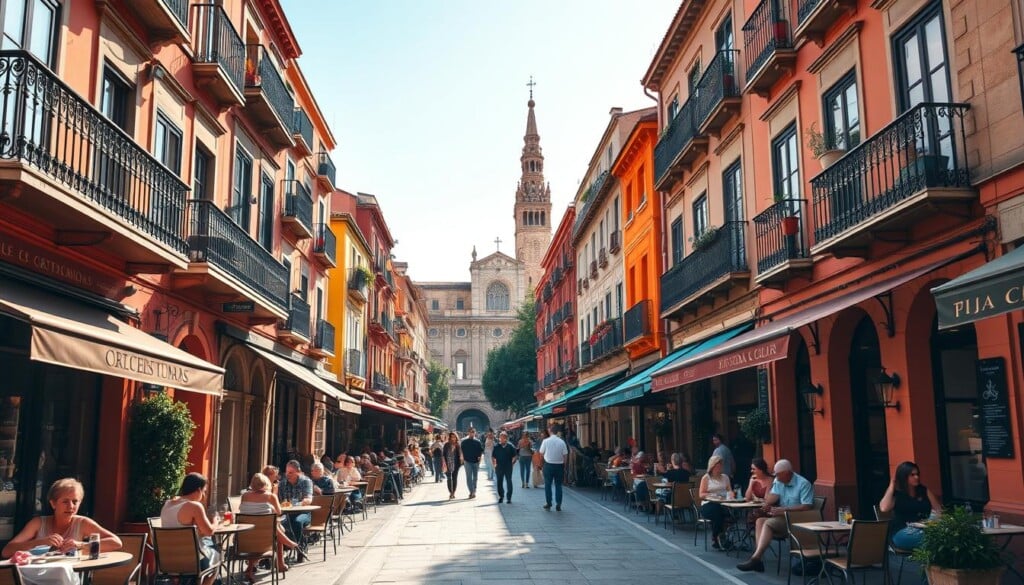 A sun-drenched, bustling Spanish street with notable restaurants lining the sidewalks. Vibrant facades in shades of terracotta, ochre, and azure, adorned with wrought-iron balconies and colorful window boxes. Patrons dining al fresco at small tables, savoring tapas and sipping sangria. In the middle distance, a grand cathedral with a towering spire dominates the skyline. Warm, golden light filters through from a cloudless sky, casting long shadows and a cozy ambiance. The scene exudes the rich culture, flavors, and hospitality of Spain, inviting the viewer to step into this vibrant culinary destination.