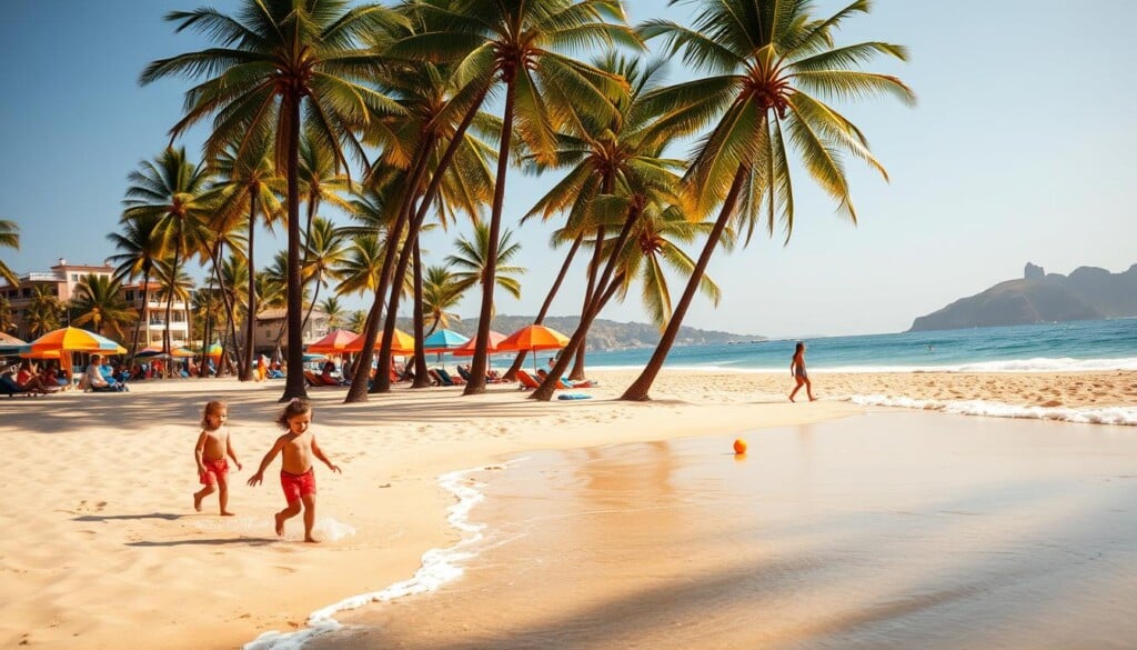 A sun-drenched, family-friendly beach scene with soft, golden sand and gentle waves lapping at the shore. In the foreground, children play in the shallow waters, their laughter echoing across the picturesque landscape. Colorful beach umbrellas and towels dot the middle ground, creating a vibrant and inviting atmosphere. Towering palm trees sway in the warm breeze, framing the background, which showcases a serene and tranquil horizon, with a clear blue sky and distant coastal cliffs. Warm, natural lighting bathes the entire scene, creating a sense of relaxation and escapism.
