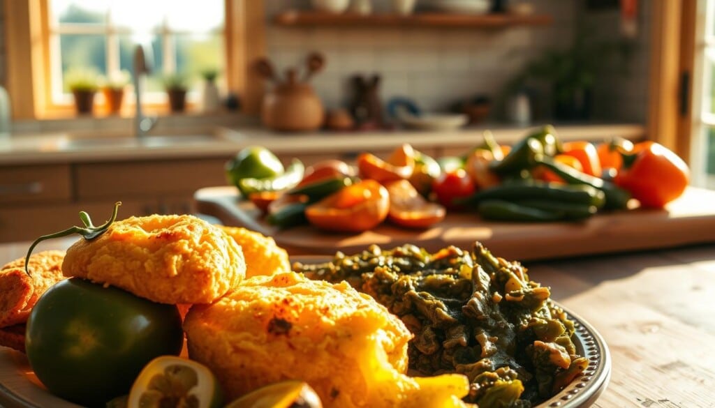 A sun-drenched kitchen filled with an array of vibrant vegetarian southern dishes. In the foreground, a bountiful platter showcases a crisp fried green tomato, a fluffy cornbread muffin, and a hearty collard green stew, all bathed in warm, natural lighting. In the middle ground, a selection of grilled vegetables, such as sweet potatoes, okra, and bell peppers, adorns a rustic wooden table. The background features a large window, allowing the sunlight to flood the space, creating a cozy and inviting atmosphere. The overall scene exudes the comforting and wholesome essence of vegetarian southern cuisine.