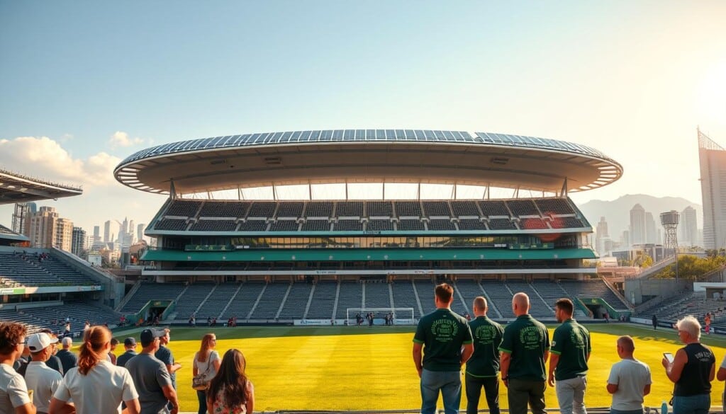 A sun-drenched stadium, its roof adorned with gleaming solar panels, stands as a beacon of sustainable energy. In the foreground, a group of spectators gather, marveling at the innovative eco-friendly features that dot the facility - from water-efficient irrigation systems to carefully curated green spaces. The middle ground showcases stadium staff diligently maintaining the grounds, their uniforms emblazoned with the venue's commitment to environmental stewardship. In the background, the city skyline rises, a testament to the stadium's integration with the broader urban landscape, showcasing how sustainability efforts can transform the very fabric of a community. Soft, warm lighting casts a gentle glow, conveying a sense of pride and progress in this exemplary display of stadium sustainability.