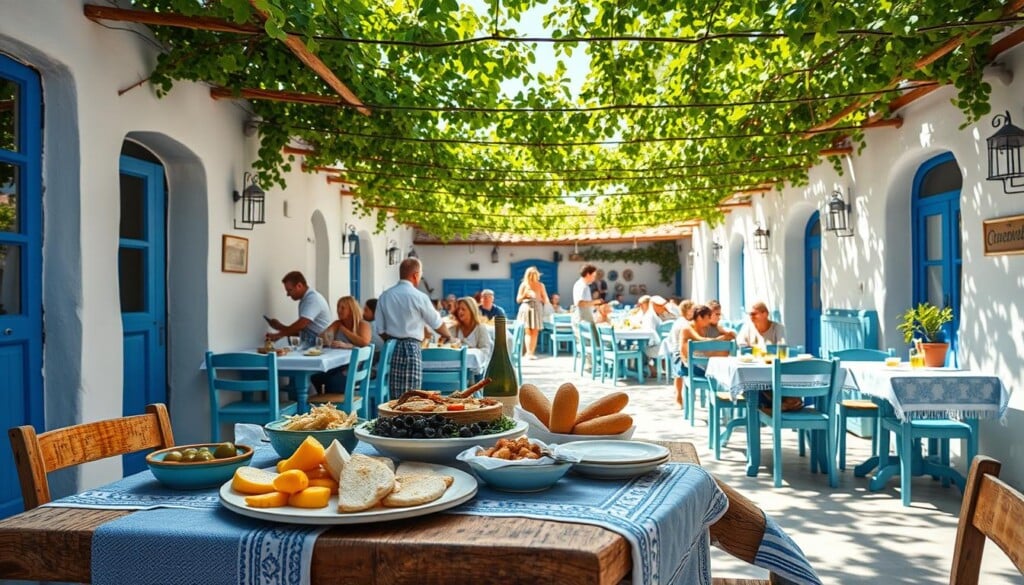 A sunlit Greek taverna, with white-washed walls and azure-blue accents. In the foreground, a rustic wooden table is set with a traditional blue-and-white tablecloth, adorned with a colorful display of meze - olives, feta, and fresh pita bread. In the middle ground, waiters in crisp white shirts and aprons weave between the tables, carrying platters of grilled seafood and juicy gyros. Beyond, the open-air courtyard is filled with the lively chatter of diners, the aroma of oregano and lemon wafting through the air. Overhead, a canopy of grapevines casts a warm, dappled light, creating an intimate, convivial atmosphere. The scene evokes the essence of authentic Greek hospitality and the joy of sharing a meal together.