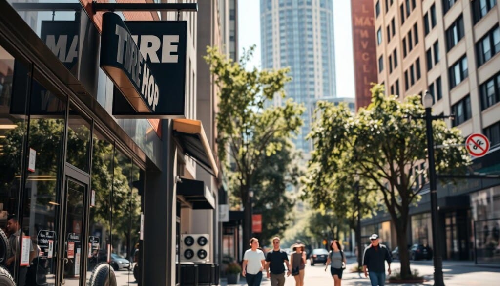 A sunlit city street with storefronts and shopfronts, the focus centered on a prominent tire shop signage. The shop's facade features large windows showcasing a variety of tires on display, with a welcoming entrance and an awning overhead. In the middle ground, pedestrians casually stroll by, capturing the bustling energy of a thriving commercial district. The background is framed by tall buildings and lush greenery, conveying a sense of urban vibrancy. The lighting is warm and natural, casting a soft glow across the scene, inviting the viewer to imagine themselves exploring this vibrant neighborhood in search of the perfect tire shop.