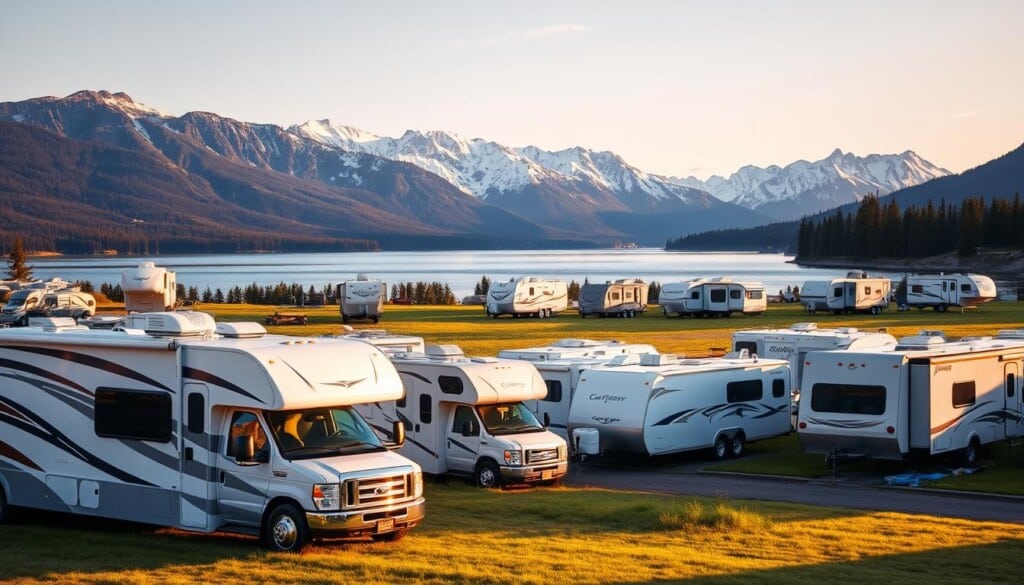 A sunny, golden-hour scene of a well-maintained fleet of recreational vehicles (RVs) neatly arranged in a spacious, grassy lot. In the foreground, a family-sized Class A motorhome in a classic white and blue color scheme, its mirror-like finish gleaming under the soft, directional lighting. The midground features a mix of Class C campervans and towable travel trailers, each meticulously detailed with chrome accents and sleek aerodynamic profiles. In the background, towering mountains rise up, their snow-capped peaks reflected in the calm waters of a nearby lake. The overall mood is one of adventure, comfort, and the promise of unforgettable road trips across scenic American landscapes.