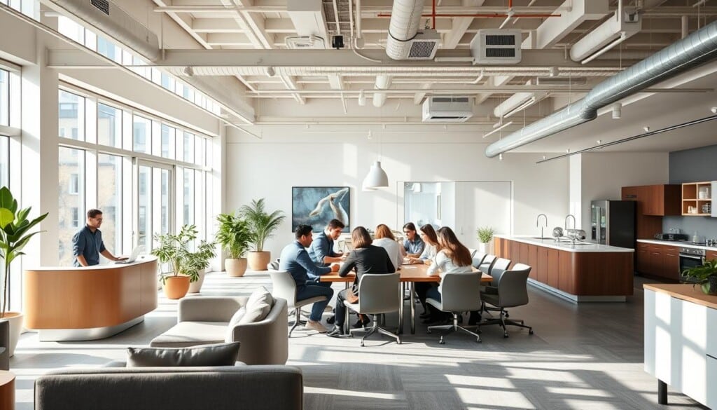 A sunny, modern office interior with an abundance of natural light filtering through large windows. A tasteful reception area with a minimalist desk and plush seating greets visitors. In the middle ground, a group of young professionals collaborating at a long conference table, their faces animated in discussion. The background reveals a well-appointed breakroom with sleek appliances and ample counter space. Overall, the scene conveys a sense of productivity, creativity, and an inviting atmosphere perfect for a thriving business.