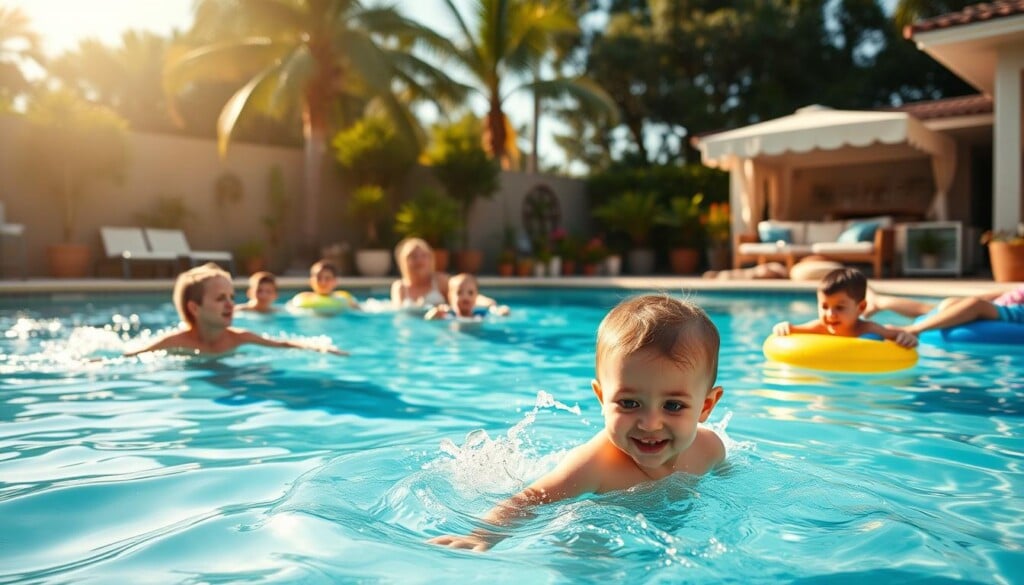 A sunny, outdoor pool scene with a happy family enjoying various aquatic activities. In the foreground, a young child splashing and playing in the clear, turquoise water. In the middle ground, parents and older siblings engaged in games like swimming races, inflatable toy races, and relaxing on pool floats. The background features a lush, landscaped backyard with palm trees, potted plants, and a cozy lounge area. Diffused sunlight casts a warm, golden glow across the entire scene, creating a serene and joyful atmosphere. The camera angle is slightly elevated, capturing the full scope of the family's pool time adventure.