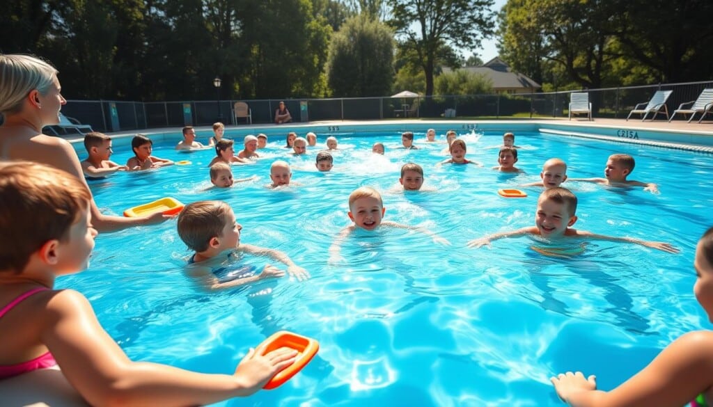 A sunny outdoor swimming pool, with a group of children and their instructors engaged in a swimming lesson. The foreground shows the pool's edge, with colorful flotation devices and kickboards scattered around. In the middle ground, the children are practicing various swimming strokes, their faces filled with concentration and excitement. Sunlight filters through the trees in the background, casting a warm glow over the scene. The atmosphere is one of camaraderie, as the instructors guide the students with patience and enthusiasm. The camera angle is slightly elevated, providing a panoramic view of the entire lesson, capturing the energy and joy of the moment.