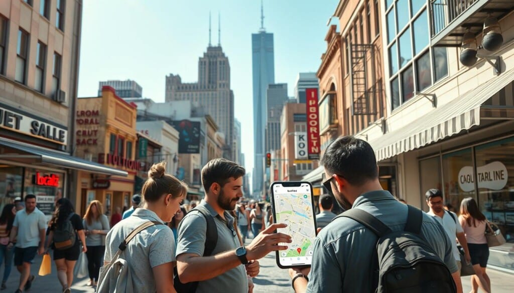 A sunny street scene with pedestrians casually strolling past the storefronts of a bustling urban district. In the foreground, a group of people are gathered around a smartphone, intently studying a map-like interface - the LocalZ app, guiding them to find the nearest electronics shops. The mid-ground features a mix of modern and vintage-style buildings, with neon signs and awnings hinting at the diverse array of specialty stores. The background depicts a vibrant cityscape, with skyscrapers and traffic signals adding to the lively, metropolitan atmosphere. The lighting is warm and natural, lending a sense of welcoming energy to the scene.