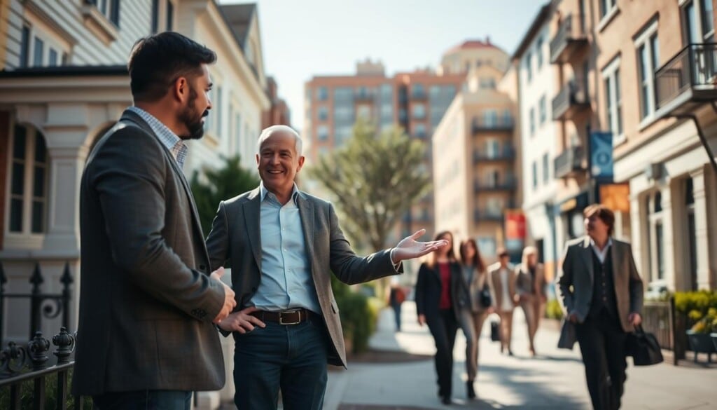 A sunny, warm afternoon in a bustling city street. In the foreground, a prospective homebuyer stands outside a stately, well-maintained house, conversing with a friendly, professional-looking realtor. The realtor gestures enthusiastically, highlighting key features of the property. In the middle ground, well-dressed pedestrians stroll along the sidewalk, while in the background, a mix of residential and commercial buildings frame the scene. The lighting is soft and natural, with a shallow depth of field that draws the viewer's attention to the central figures. An atmosphere of trust, expertise, and the excitement of finding the perfect home permeates the image.