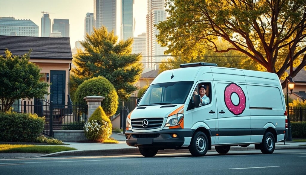 A sunny, warm afternoon in a bustling city. In the foreground, a sleek and modern delivery van emblazoned with a cheerful donut logo pulls up to a cozy residential neighborhood. A donut-loving customer eagerly awaits their freshly baked order, peering out the window with anticipation. The van's driver, clad in a crisp uniform, carefully retrieves the box of donuts and approaches the front door, ready to deliver a delightful taste of sweetness straight to the customer's doorstep. In the background, a vibrant cityscape with towering skyscrapers and lush greenery sets the scene, highlighting the convenience and accessibility of this donut delivery service. Soft, natural lighting casts a warm glow over the entire moment, emphasizing the comfort and indulgence of this delectable experience.