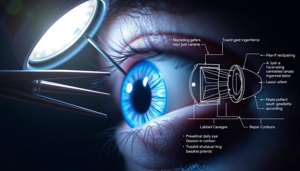 A surgical spotlight illuminates a human eye, the iris a vibrant blue. Delicate medical instruments hover near the cornea, ready to precisely reshape its surface. In the background, a schematic diagram outlines the intricate structure of the eye, highlighting the potential risks and considerations of laser vision correction. The scene conveys the gravity and expertise required for this procedure, drawing the viewer's attention to the critical factors to weigh when determining if laser eye surgery is the right choice.