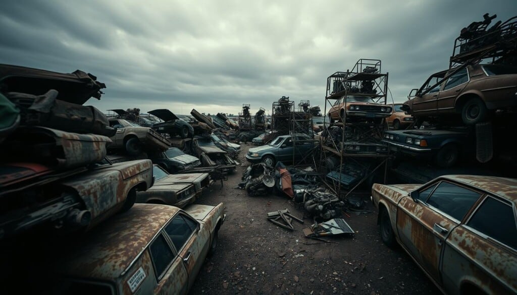 A surreal automotive junkyard landscape, captured in a cinematic, moody lighting. In the foreground, a stack of rusted, battered cars, their crumpled bodies a testament to the myths surrounding salvage yards - the perception of danger, low-quality parts, and hidden problems. In the middle ground, a maze of tangled metal frames and dismantled engines, hinting at the overlooked potential within these discarded machines. The background fades into a somber, overcast sky, creating a sense of melancholy and the need to reevaluate preconceptions. The scene is shot with a wide-angle lens, emphasizing the scale and complexity of the salvage yard, inviting the viewer to delve deeper into the myths and realities of this automotive underworld.