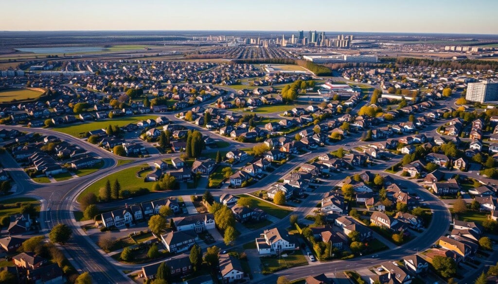 A sweeping aerial view of a bustling suburban landscape, with a mix of modern houses, apartment complexes, and lush green spaces. In the foreground, a network of winding roads and driveways, hinting at the increased demand for remote work and the migration from urban centers. The middle ground showcases a diverse array of residential properties, ranging from modest single-family homes to luxurious multi-unit dwellings, all bathed in a warm, golden afternoon light. In the background, the silhouettes of distant skyscrapers and office towers, a reminder of the changing dynamics of the real estate market. The overall scene conveys a sense of growth, adaptation, and the evolving nature of modern living.