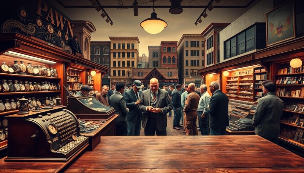 A sweeping historical tableau showcasing the evolution of pawn shops in America. In the foreground, a well-worn wooden counter with an old-fashioned cash register and a display of antique pocket watches, jewelry, and other valuables. In the middle ground, customers of diverse backgrounds negotiate with a stern-faced pawnbroker, surrounded by floor-to-ceiling shelves stocked with an eclectic array of goods. The background depicts the changing architectural styles of pawn shops, from the ornate facades of the late 19th century to the streamlined modernist designs of the mid-20th century, representing the resilience and adaptability of this venerable institution. Warm lighting casts a nostalgic glow, evoking the timeless atmosphere of these establishments that have weathered economic booms and busts, serving as both financial lifelines and repositories of local history.
