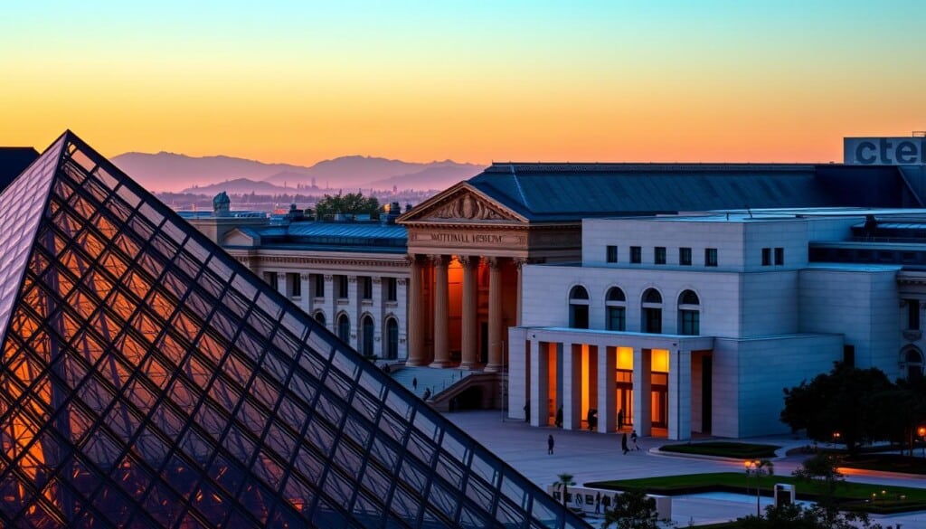 A sweeping panorama of iconic art museum highlights, captured in vibrant detail. In the foreground, the grand facade of the Louvre's glass pyramid reflects the warm hues of sunset. The middle ground features the towering columns and statues of the Smithsonian's National Museum of Natural History. In the background, the sleek modernist forms of the Getty Center stand against a backdrop of hazy Los Angeles hills. Dramatic lighting illuminates each architectural masterpiece, creating a sense of wonder and timeless grandeur. The composition seamlessly blends these renowned cultural landmarks into a harmonious and awe-inspiring scene.