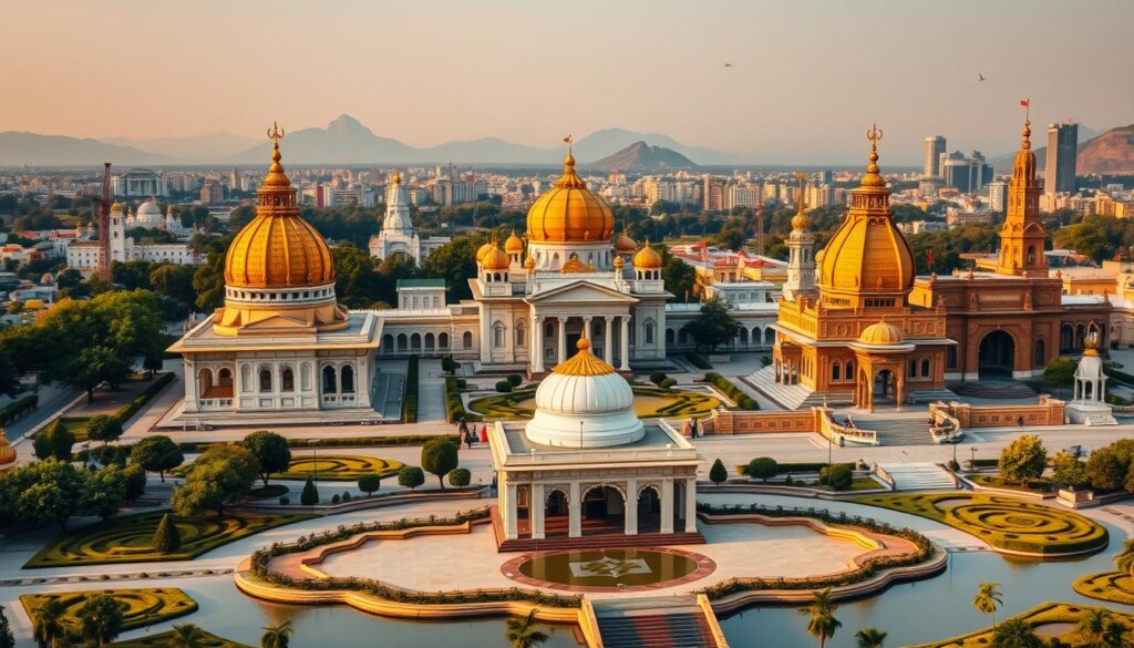 A sweeping panorama of the most prominent Sikh gurdwaras across the United States, bathed in warm, golden light. In the foreground, the towering domes and intricate architectural details of these sacred temples capture the eye, inviting the viewer to step inside and experience their serene, spiritual ambiance. In the middle ground, lush, manicured gardens and ornamental ponds reflect the gurdwaras, creating a sense of tranquility. The background features the diverse landscapes of America - from bustling cityscapes to rolling hills and mountains - to situate these religious monuments within their regional contexts. The overall composition conveys the grandeur, cultural significance, and widespread presence of Sikh houses of worship throughout the nation.