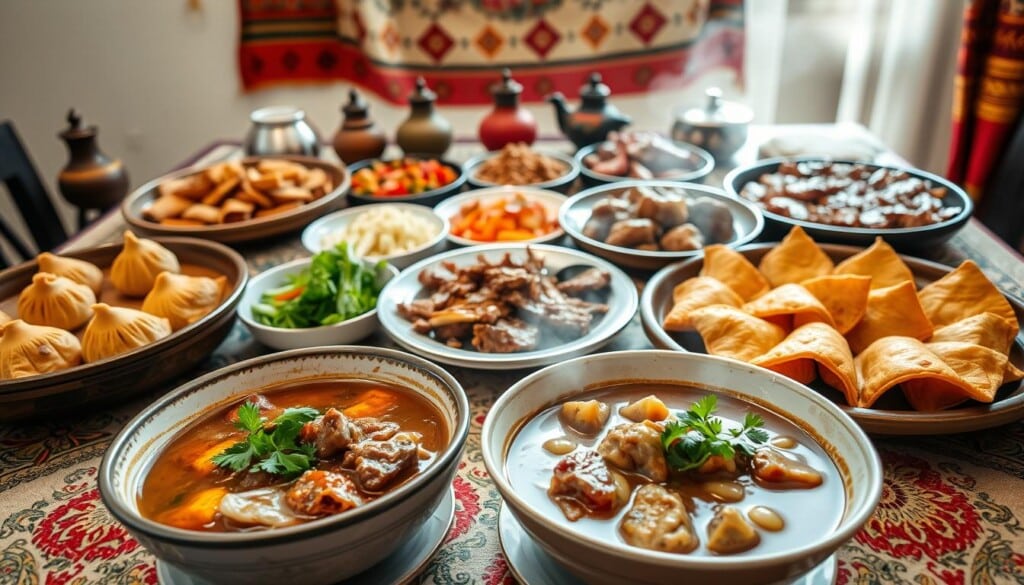 A table laden with an array of Mongolian dishes, their vibrant colors and textures on full display. In the foreground, steaming bowls of hearty lamb and vegetable stew, garnished with fresh cilantro. Alongside, platters of buuz (Mongolian dumplings) and khuushuur (fried pastries), their golden-brown exteriors glistening under the soft, diffused lighting. In the middle ground, a plate of tangy, pickled vegetables and a platter of tender, marinated beef. In the background, a backdrop of traditional Mongolian textiles and ornaments, creating a warm, authentic atmosphere. The overall scene evokes the rich culinary heritage and the inviting, communal nature of Mongolian cuisine.