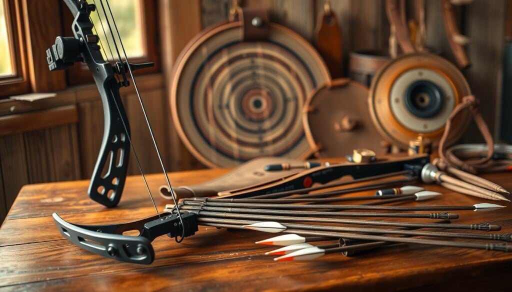 A table of essential archery equipment rests against a rustic wooden backdrop, bathed in warm afternoon light filtering through a window. In the foreground, a sleek modern compound bow with intricate limbs and pulleys, alongside a quiver of carbon fiber arrows with razor-sharp broadheads. In the middle ground, a leather armguard, finger tab, and bow release aid lie neatly arranged. The background features a vintage leather target, a leather bowstring, and an antique brass sight. The scene exudes a sense of craftsmanship, functionality, and the timeless allure of the ancient art of archery.