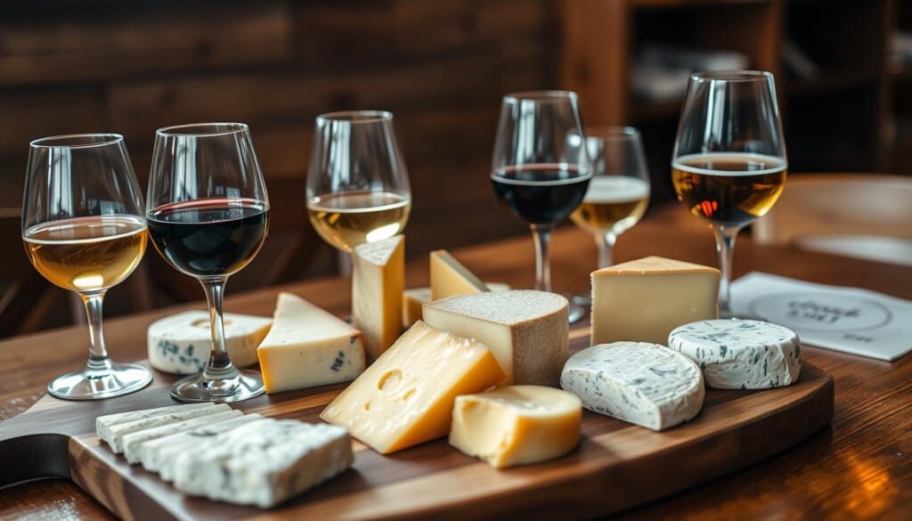 A table set with an assortment of artisanal cheeses, each paired with a glass of locally-sourced wine and craft beer. The cheeses are arranged on a wooden board, their textures and colors contrasting beautifully. A soft light illuminates the scene, casting subtle shadows and highlighting the intricate details of the cheeses. In the background, a cozy, rustic ambiance is created with warm wooden tones and minimal décor, allowing the focus to remain on the delectable pairings. The overall mood is one of relaxed indulgence, inviting the viewer to savor the harmonious flavors and aromas of this gourmet experience.