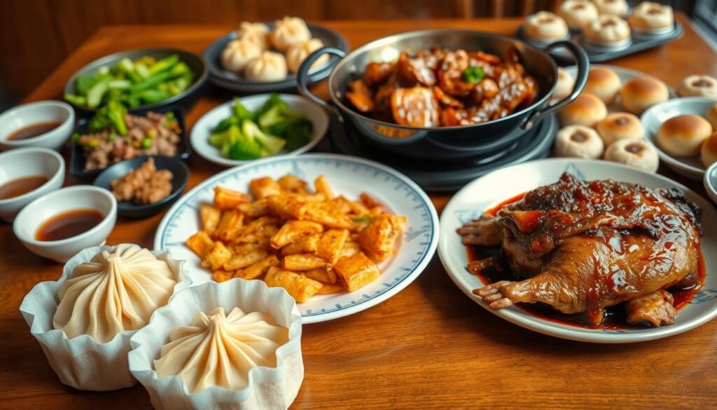 A tantalizing array of authentic Cantonese delicacies arranged on a polished wooden table. In the foreground, a steaming plate of fragrant dim sum, the delicate dough glistening. Beside it, a vibrant platter of crispy roast goose, the skin caramelized to perfection. In the middle ground, a sizzling wok of succulent beef with broccoli, the rich sauce glistening. In the background, a selection of classic Cantonese staples, from delicate egg tarts to aromatic pork buns. Soft, natural lighting illuminates the scene, revealing the intricate textures and vibrant colors of these iconic Cantonese dishes. The overall atmosphere is one of mouthwatering anticipation, inviting the viewer to savor the flavors of this beloved cuisine.