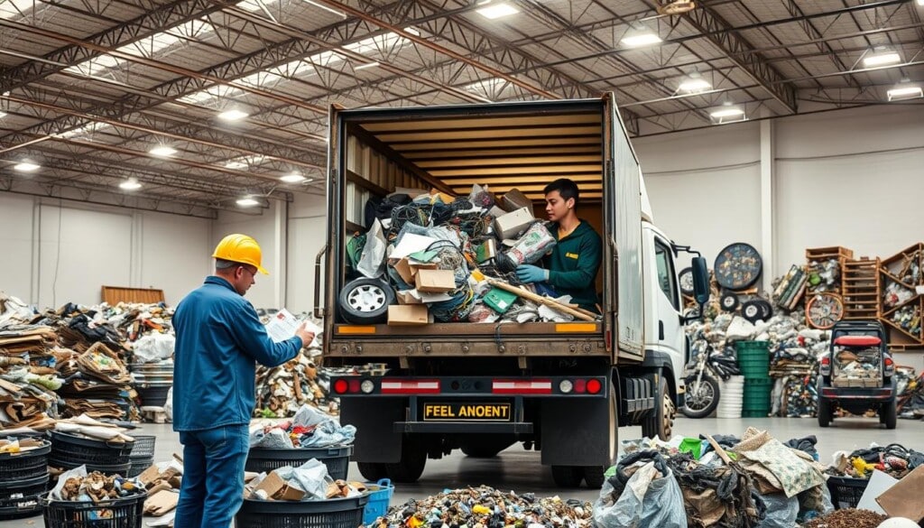 A team of skilled workers diligently sorting and loading recyclable materials onto a fuel-efficient truck, surrounded by a meticulously organized and well-lit junk yard. The foreground depicts the workers' focused expressions as they efficiently handle various items, while the middle ground showcases the neatly stacked piles of sorted waste. In the background, the modern, eco-friendly junk removal facility with its sleek, minimalist design and ample natural lighting creates a sense of order and sustainability. The overall atmosphere conveys a streamlined, environmentally conscious approach to junk removal, reflecting the principles of the "Eco-Friendly Junk Removal Services USA" article.