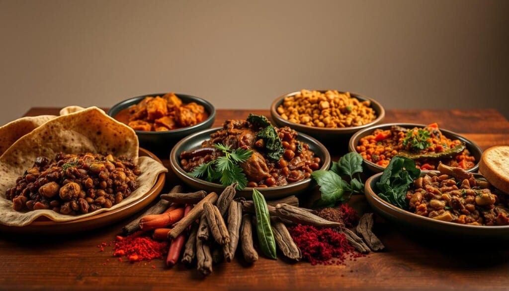 A tempting spread of traditional Ethiopian dishes, including injera flatbread, doro wat (spicy chicken stew), mesir wat (lentil stew), and gomen (sautéed collard greens), all artfully arranged on a wooden table. The scene is bathed in warm, diffused lighting, creating a cozy and inviting atmosphere. The middle ground features a variety of vibrant, aromatic spices, while the background showcases a simple, minimalist setting with clean lines and neutral tones, allowing the vibrant food to take center stage. The overall composition evokes a sense of authenticity, cultural richness, and a deep appreciation for the complex flavors and textures of Ethiopian cuisine.
