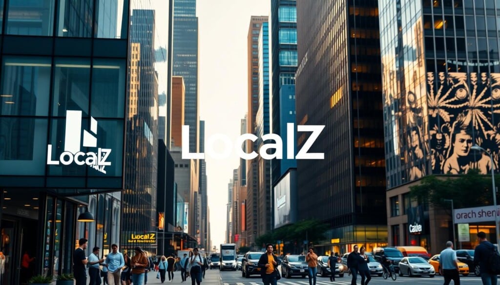 A thriving city landscape with a modern building facade in the foreground, showcasing the "LocalZ" logo in a sleek and prominent display. The middle ground features people of diverse backgrounds interacting with digital interfaces, representing the seamless connection between users and local service providers. The background depicts a vibrant urban environment, with skyscrapers, bustling streets, and a warm, inviting atmosphere. The lighting is soft and natural, creating a sense of approachability and accessibility. The overall composition conveys the idea of a comprehensive, user-friendly platform that effortlessly links individuals with the local services they require.