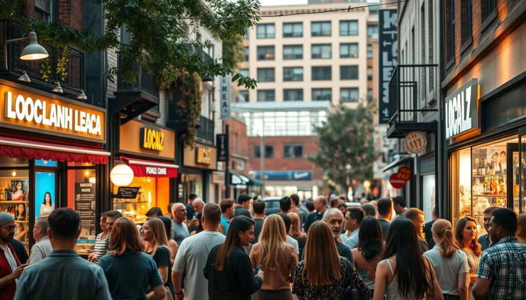A thriving community of diverse individuals, gathered in a cozy urban setting. Vibrant storefronts line the streets, each offering a unique local experience. In the foreground, people mingle, sharing ideas and supporting one another. Warm lighting sets a inviting mood, while the background features a blend of modern and classic architecture, creating a harmonious and welcoming atmosphere. The scene is captured through a wide-angle lens, emphasizing the sense of togetherness and belonging within the LocalZ community.