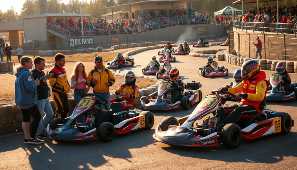 A thriving local go kart community, bustling with energy and excitement. In the foreground, a group of friends gather around their go karts, decked out in vibrant racing attire, laughter and banter filling the air. The middle ground reveals the sleek, streamlined go karts zipping around a winding, well-maintained track, the sound of revving engines punctuating the scene. In the background, spectators cheer from the grandstands, capturing the electric atmosphere of a community passionate about the thrill of motorsports. Warm, golden sunlight filters through, casting a gentle glow over the entire tableau, evoking a sense of camaraderie and unbridled joy.