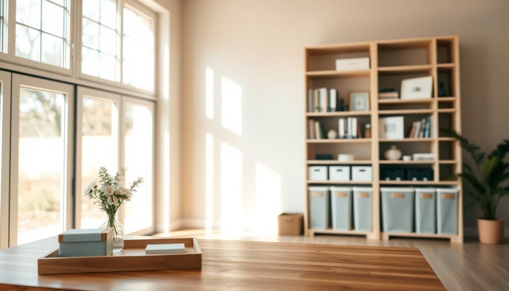 A tidy, minimalist room with natural sunlight streaming in through large windows. In the foreground, a wooden table with simple organizational items like a tray, boxes, and a vase of flowers. In the middle ground, bookshelves and storage containers neatly arranged, showcasing effective decluttering strategies. The background features a soothing, neutral-toned wall, accentuating the clean, serene ambiance. The lighting is soft and warm, creating a calming, inviting atmosphere. The camera angle is slightly elevated, providing a comprehensive view of the well-organized space.
