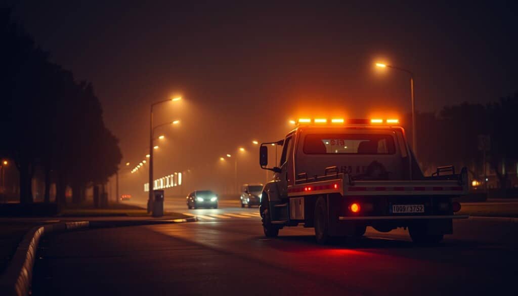 A tow truck parked on a dimly lit street, its flashing amber lights illuminating the surrounding darkness. In the foreground, the boxy silhouette of the tow truck stands ready to assist a stranded vehicle, its hydraulic lift poised to gently lift and secure the car. The middle ground features a well-maintained urban landscape, with neatly lined streetlamps and a few passing cars. The background fades into a hazy, atmospheric cityscape, conveying a sense of nighttime tranquility and the reliable presence of towing services, ready to provide aid in times of need. The overall scene is captured with a cinematic, low-angle perspective, emphasizing the sturdy, dependable nature of the towing service.