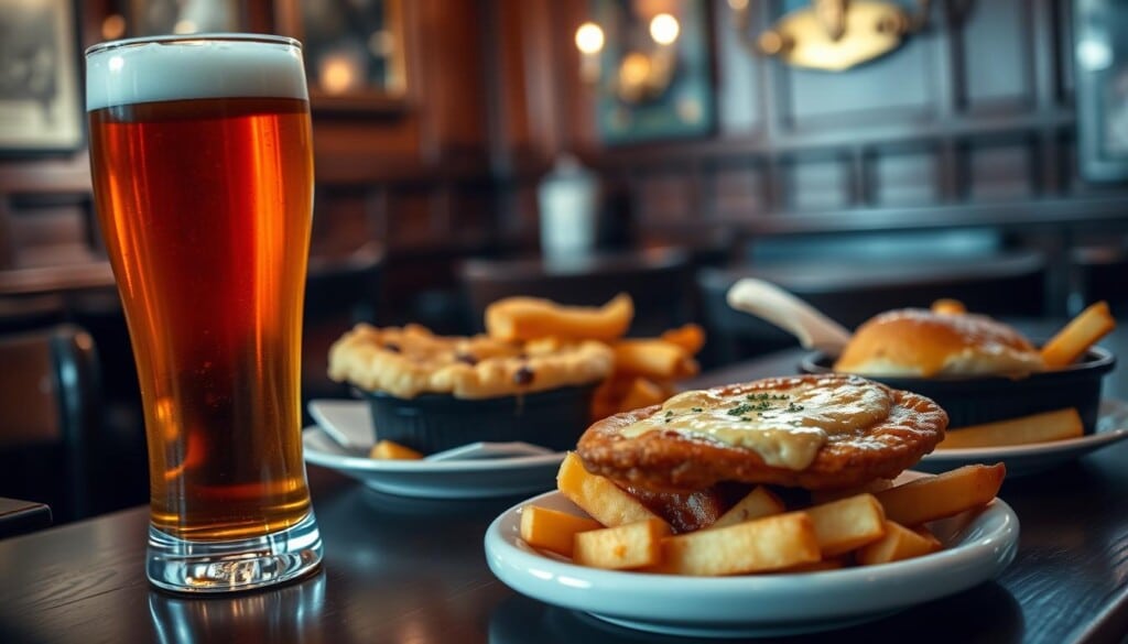A traditional British pub table, with a pint of ale, fish and chips, and a shepherd's pie. The foreground is well-lit, with soft, warm lighting casting a cozy glow. The middle ground features a selection of classic British dishes, including a flaky, golden-brown pie crust, crispy fried fish, and thick-cut chips. The background is slightly blurred, hinting at the quintessential British pub atmosphere, with wood paneling and brass fixtures. The overall scene conveys the comforting, hearty nature of authentic British cuisine.
