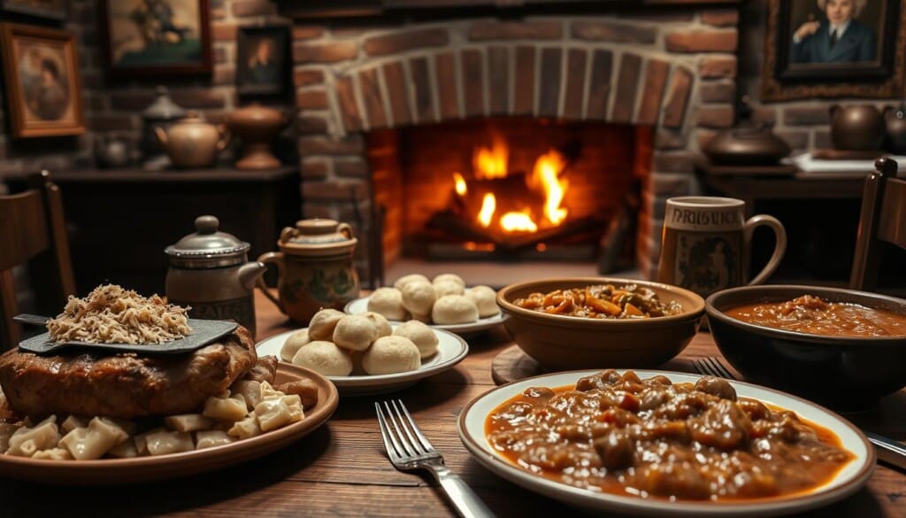 A traditional Czech meal set against a rustic, cozy backdrop. In the foreground, an assortment of classic dishes - roasted pork with sauerkraut, dumplings in a creamy mushroom sauce, and a hearty beef goulash. The midground features a wooden table with handcrafted pottery, polished silver cutlery, and a steaming mug of Czech-style coffee or beer. In the background, a brick fireplace casts a warm, amber glow, and the walls are adorned with old-world Czech artwork and decor. Soft, diffused lighting illuminates the scene, creating an intimate, inviting atmosphere reminiscent of a centuries-old Prague cafe. The overall composition evokes the comforting, homespun essence of authentic Czech cuisine.