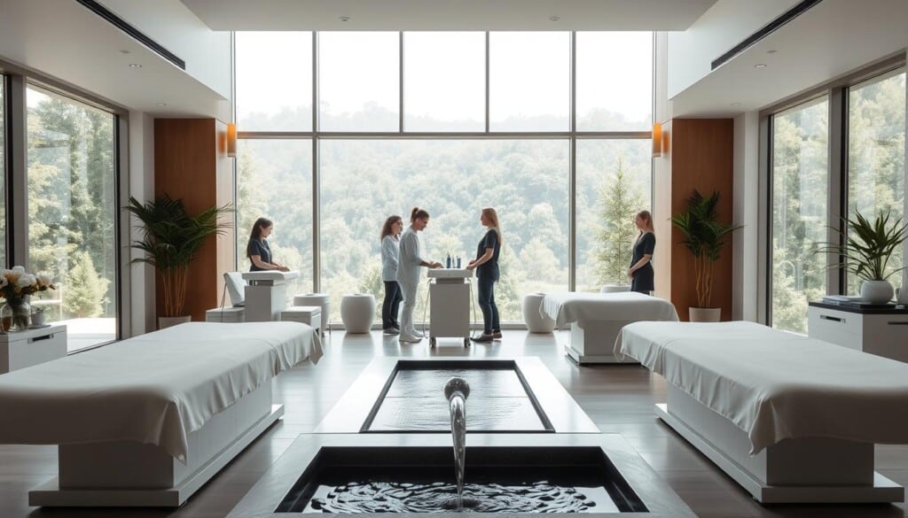 A tranquil, airy medical spa set in a modern, minimalist interior. The foreground features plush treatment tables, sleek medical equipment, and a serene water feature. The middle ground showcases a team of attentive staff tending to clients' needs, their expressions exuding professionalism and care. The background frames the scene with large windows overlooking a lush, verdant outdoor landscape, creating a sense of calm and respite. Soft, diffused lighting illuminates the space, accentuating the spa's soothing atmosphere. The overall impression conveys a high-end, trusted medical facility focused on rejuvenation and wellness.