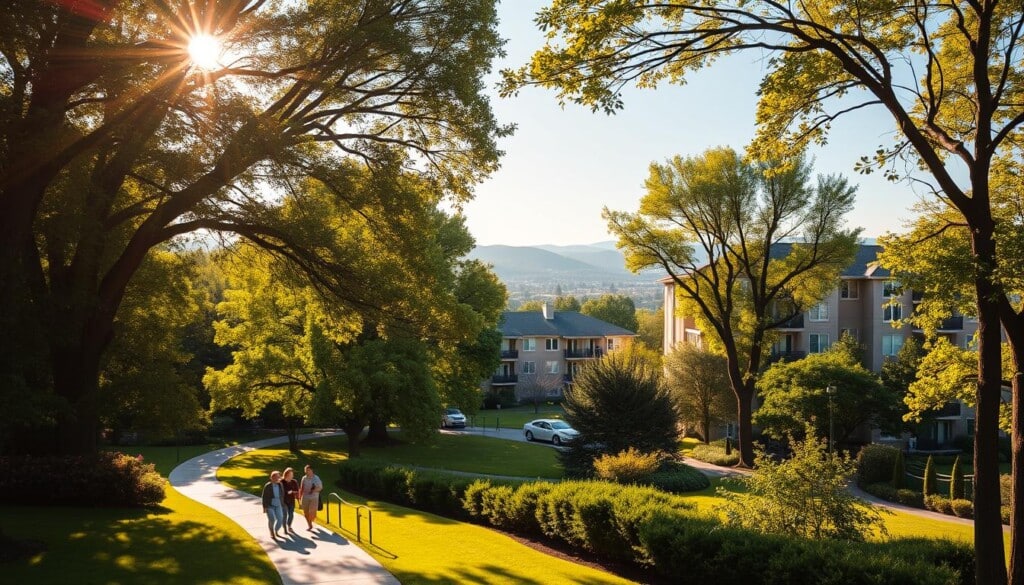 A tranquil apartment complex nestled amidst a lush, verdant landscape. Sunlight filters through the canopy of mature trees, casting a warm, golden glow over the well-maintained buildings. In the foreground, a group of residents stroll along the picturesque path, admiring the meticulously landscaped grounds. The middle ground showcases the apartment buildings, their clean lines and well-designed facades reflecting the long-term investment and careful management. In the background, a horizon of rolling hills and a clear, azure sky, creating a sense of serene, suburban harmony. The overall scene conveys a feeling of stability, comfort, and the potential for steady, reliable returns on a long-term real estate investment.