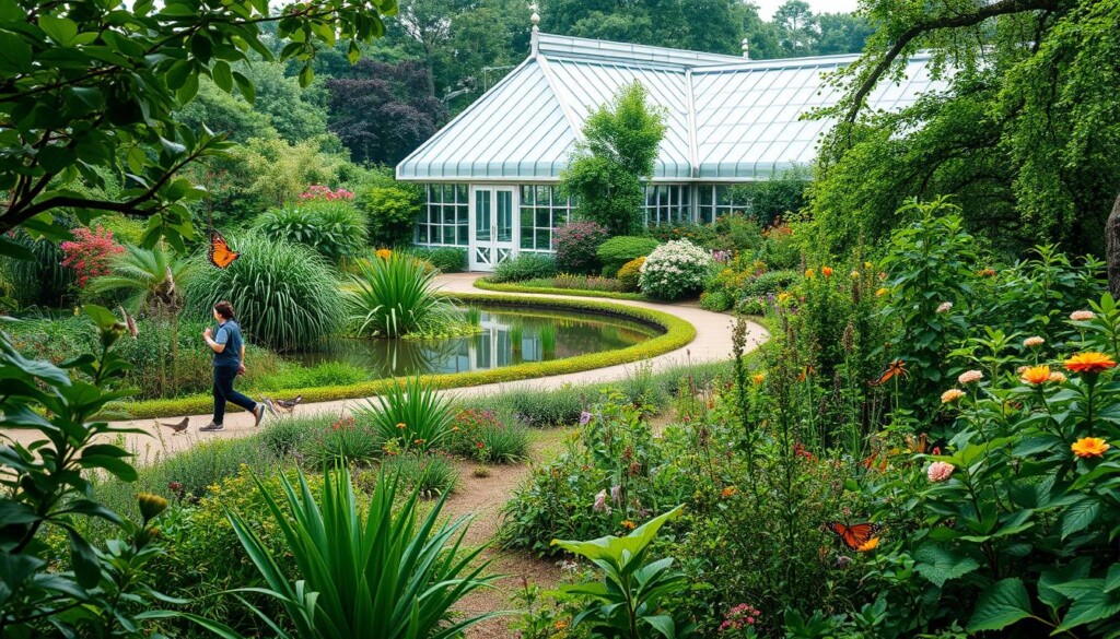 A tranquil garden scene showcasing sustainable conservation efforts in a botanical setting. In the foreground, a diverse array of native flora thrives, meticulously tended by gardeners using eco-friendly practices. The middle ground features a winding path leading to a serene pond, where wildlife like birds and butterflies flit about. In the background, a glass-paneled greenhouse stands tall, its interior illuminated by soft, natural light that filters through. The overall atmosphere evokes a sense of harmony between human stewardship and the natural world, reflecting the botanical garden's commitment to sustainability and environmental preservation.