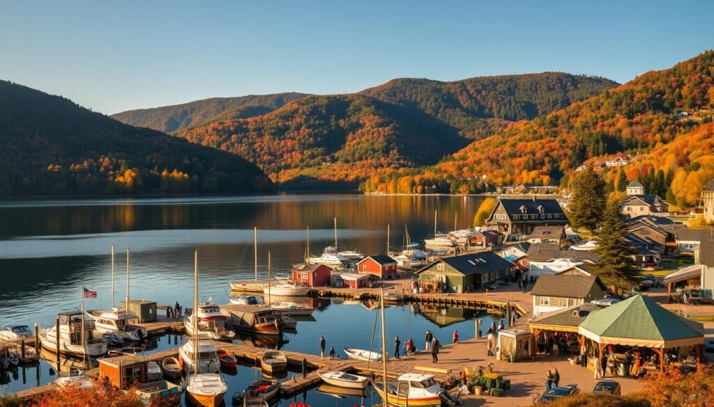 A tranquil lake nestled amidst rolling hills, its serene waters reflecting the vibrant colors of the surrounding forest. In the foreground, a quaint fishing village bustles with activity, its docks lined with small boats and fishermen unloading their daily catch. Beyond, a bustling town square showcases local artisans and vendors, their handcrafted wares and fresh produce drawing in visitors from near and far. The scene is illuminated by warm, golden sunlight, casting a soft glow over the entire landscape and evoking a sense of peaceful prosperity. The overall atmosphere conveys the importance of this lake-based economy to the local community.