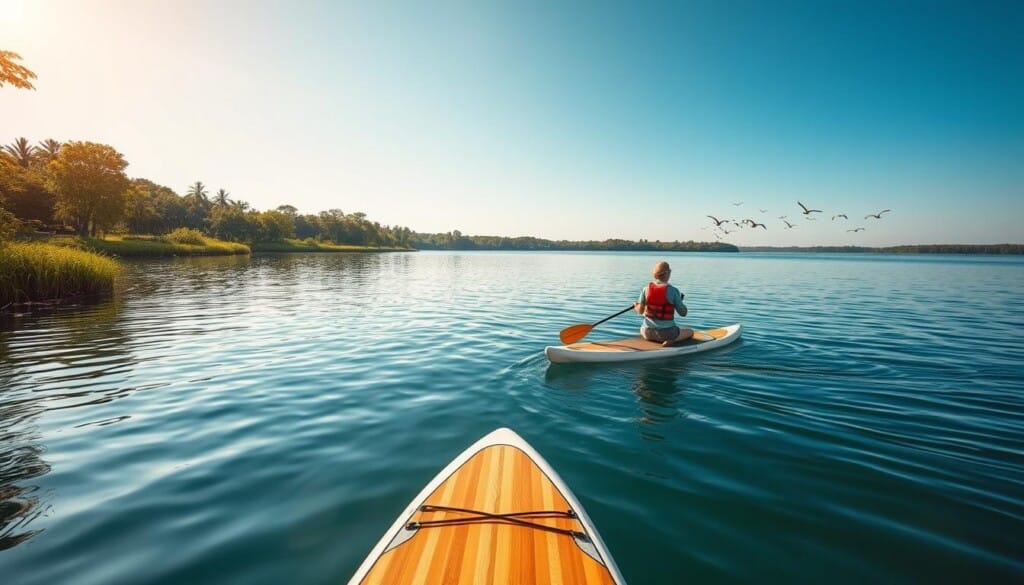 A tranquil lakeside scene with a paddleboarder gliding across the calm, crystal-clear waters. The paddleboard is crafted from sustainable, eco-friendly materials like bamboo or recycled plastics. The paddler wears a lifejacket made from recycled materials and admires the lush, verdant shoreline dotted with native plants and trees. Warm, diffused sunlight filters through the canopy, casting a gentle glow over the serene landscape. In the distance, a flock of birds soar gracefully, completing the picture of a peaceful, environmentally-conscious outdoor adventure.