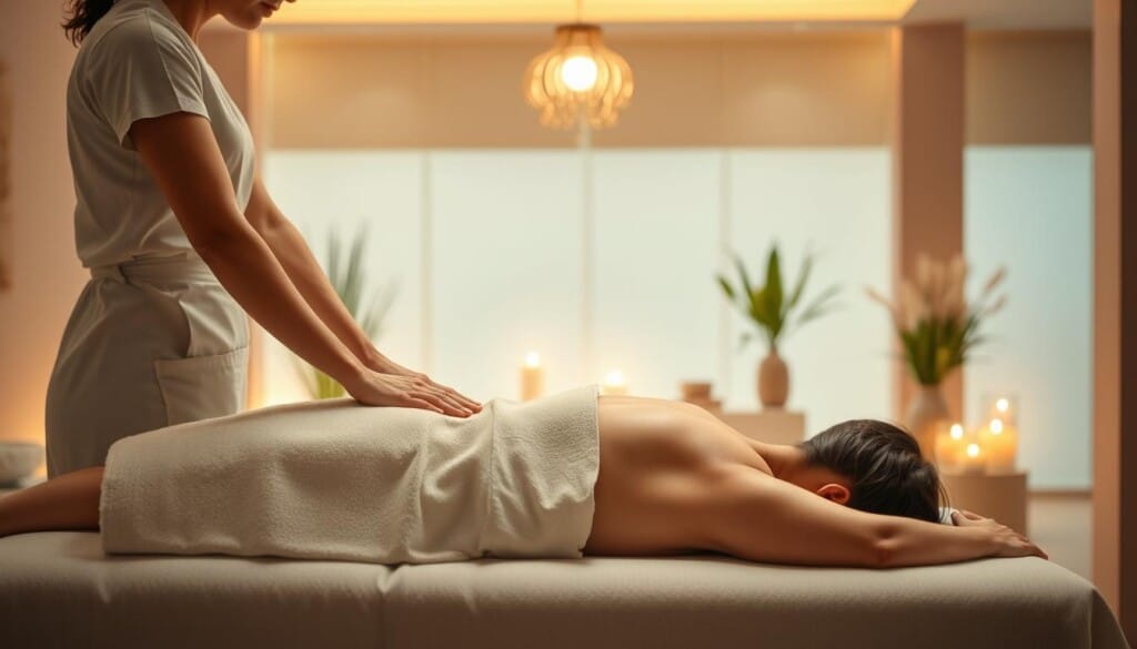 A tranquil massage therapy scene with a serene, well-lit interior. In the foreground, a massage therapist's skilled hands gently kneading the back of a relaxed client lying on a comfortable massage table. In the middle ground, soothing ambient lighting, natural elements like plants, and calming decor create a peaceful, spa-like atmosphere. The background features soft, muted tones that further enhance the calming mood. The overall scene conveys the rejuvenating benefits of regular massage sessions, promoting physical and mental well-being.