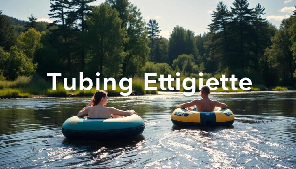 A tranquil outdoor scene capturing the essence of "Tubing Etiquette." In the foreground, two tubers gracefully navigate a peaceful river, respecting personal space and following safety guidelines. The middle ground showcases a serene natural setting with lush greenery and a gently flowing waterway. In the background, towering trees and a clear blue sky create a calming atmosphere. The lighting is soft and warm, enhancing the serene mood. The camera angle is slightly elevated, providing a sense of order and harmony. This image aims to convey the importance of responsible and considerate behavior while enjoying the thrill of tubing adventures.