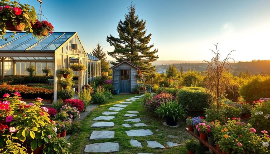 A tranquil outdoor scene of a local nursery, its greenhouses and display gardens bathed in warm, golden afternoon light. In the foreground, lush potted plants and hanging baskets overflow with vibrant blooms. Stepping stones lead through a well-tended landscape of flowering beds, shrubs, and towering trees. In the middle ground, a quaint, weathered wooden shed houses gardening tools and supplies. The background reveals a picturesque town skyline, hinting at the community this nursery serves. An atmosphere of serene productivity, inviting visitors to explore and discover the local resources for cultivating their own gardening success.