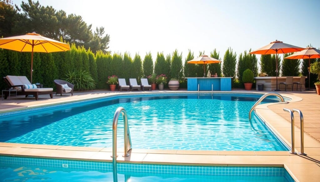 A tranquil outdoor scene showcases an inviting swimming pool surrounded by a harmonious arrangement of premium pool accessories. In the foreground, a contemporary diving board and sleek ladder invite guests to enter the cool, crystalline waters. Scattered around the pool's edge, plush lounge chairs, vibrant umbrellas, and an elegant poolside bar create a luxurious ambiance. The middle ground features neatly trimmed hedges and lush potted plants, complementing the soothing color palette. Shimmering sunlight casts a warm glow across the scene, accentuating the pool's serene surface and the high-quality materials of the accessories. An overall sense of sophistication and attention to detail pervades the image, perfectly capturing the "Enhancing Your Pool Experience" theme.