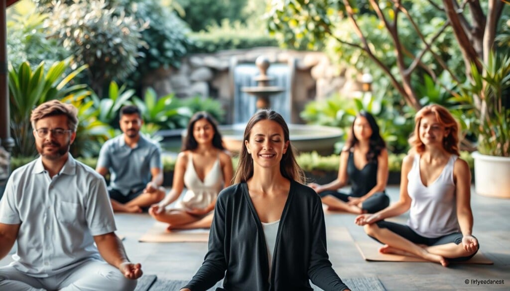 A tranquil retreat at a spiritual center, with testimonials from local business leaders. In the foreground, a group of calm, serene individuals seated in a meditative pose, their faces radiating a sense of inner peace and fulfillment. In the middle ground, a backdrop of lush greenery and a serene water feature, creating a soothing atmosphere. The lighting is soft and warm, casting a natural glow over the scene. The camera angle is slightly elevated, capturing the scene from an unobtrusive perspective. The overall mood is one of introspection, harmony, and the transformative power of spiritual and meditation practices.