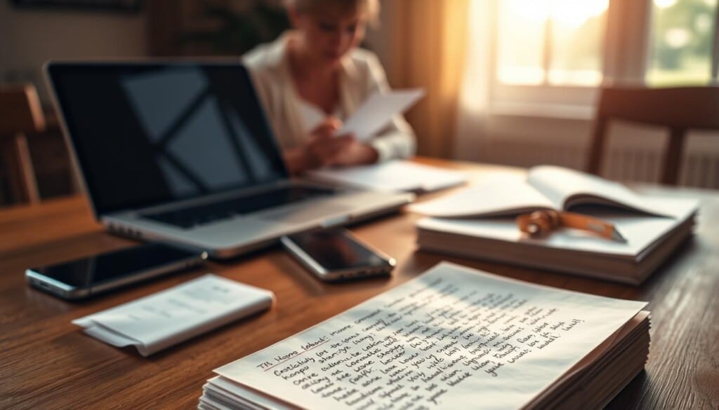 A tranquil scene of a wooden table with a laptop, smartphone, and handwritten notes arranged neatly. Warm, natural lighting filters through a window, casting a soft glow across the scene. In the foreground, a stack of heartfelt reviews and testimonials, their pages weathered and well-read, symbolizing the authentic feedback that helps couples make informed decisions about their wedding officiant. The middle ground features a thoughtful pose of a person reviewing the comments, their expression contemplative. The background blurs softly, focusing the viewer's attention on the genuine insights that guide the selection process. An atmosphere of trust, reliability, and personal connection pervades the image.