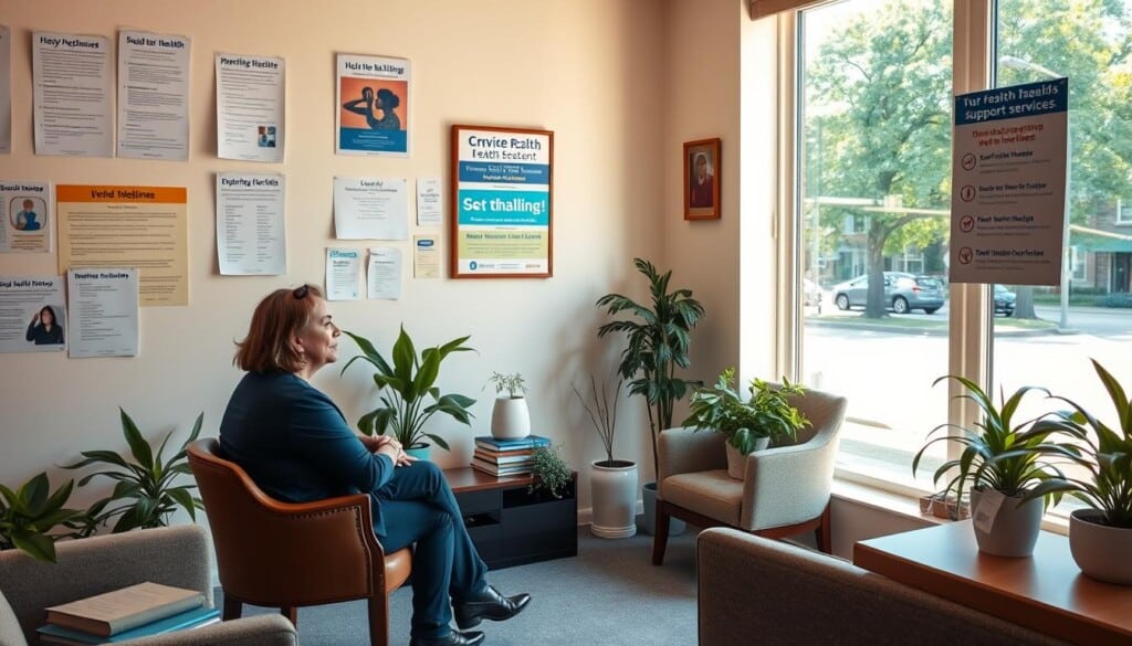 A tranquil, sunlit office space with cozy furniture and warm lighting. In the foreground, an empathetic counselor sits across from a patient, their body language conveying compassion and understanding. On the walls, an array of informative brochures, helpline posters, and contact information for local mental health support services. The middle ground features a selection of therapeutic books, calming plants, and a discreet yet accessible box of tissues. In the background, a large window overlooks a serene, tree-lined street, reinforcing the sense of a safe, nurturing environment.