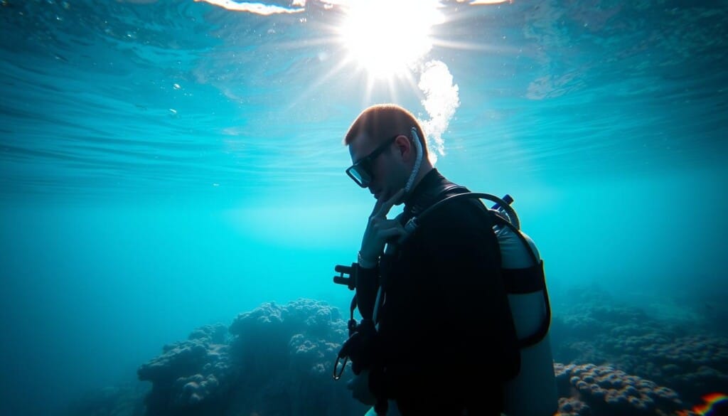 A tranquil underwater scene, illuminated by soft, ambient lighting. In the foreground, a scuba diver performs a safety check, meticulously inspecting their equipment. The middle ground features a vibrant coral reef, teeming with diverse marine life. In the background, the sunlight gently filters through the crystal-clear water, creating a serene and calming atmosphere. The overall composition conveys a sense of order, discipline, and the importance of safety in the pursuit of underwater exploration.