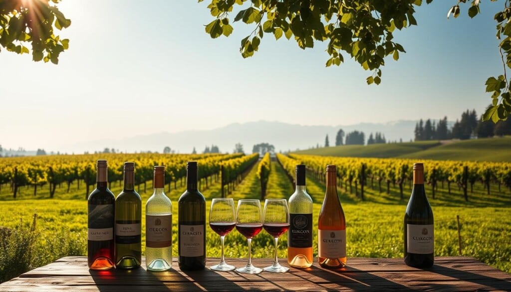 A tranquil wine tasting scene set in the rolling green hills of the Pacific Northwest. In the foreground, a selection of Oregon and Washington wines are artfully displayed on a rustic wooden table, their labels showcasing the region's distinctive terroir. Hazy sunlight filters through the lush foliage, casting a warm, golden glow over the scene. In the middle ground, a row of neatly trellised vines stretches towards the horizon, their lush canopy swaying gently in the breeze. In the distance, the silhouettes of majestic mountains rise up, their snow-capped peaks touching the sky. The overall atmosphere is one of serene, bucolic charm, inviting the viewer to savor the flavors and beauty of the Pacific Northwest's celebrated wine country.