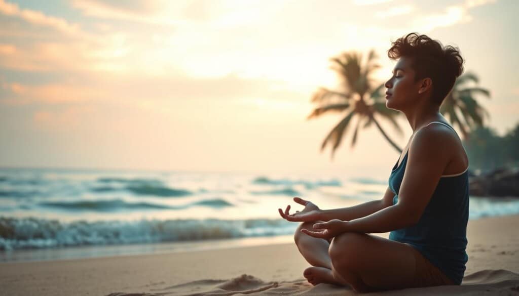 A tranquil, zen-like scene of stress management techniques. In the foreground, a person sits cross-legged, eyes closed, hands in a meditative pose, exuding calmness and inner peace. In the middle ground, gentle waves lap against a sandy beach, with lush, swaying palm trees lining the shore. The background is a serene, pastel-hued sky, tinged with warm, golden light filtering through wispy clouds. The overall atmosphere is one of relaxation, mindfulness, and rejuvenation - a visual representation of the restorative practices that can alleviate the pressures of exam preparation.