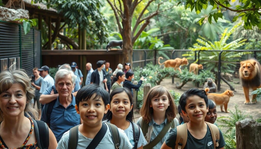 A unique behind-the-scenes tour of a bustling zoo, showcasing the dedicated efforts of its caretakers. In the foreground, a small group of curious visitors follow a knowledgeable guide, their expressions filled with wonder as they peek into the enclosures. The middle ground reveals the inner workings of the zoo, with zookeepers tending to the animals' needs, feeding and cleaning their habitats. The background depicts the diverse array of exotic creatures, from majestic lions to playful primates, captured in their natural environments, lit by soft, natural lighting that filters through the lush, verdant foliage. The overall atmosphere conveys a sense of education, conservation, and a deep appreciation for the wonders of the animal kingdom.