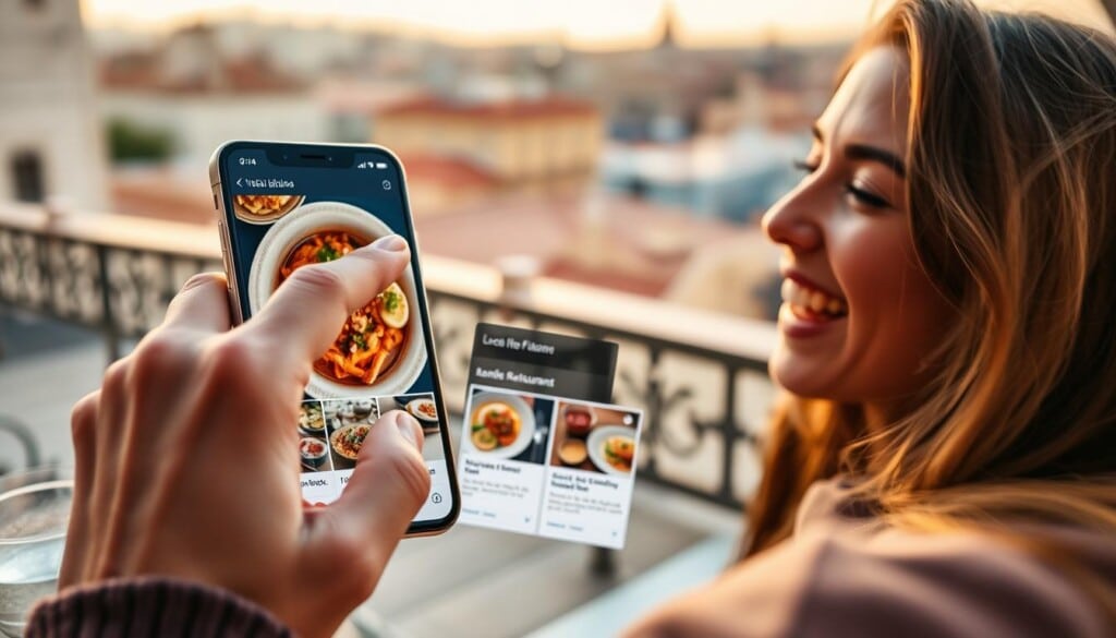 A user excitedly exploring the LocalZ app, discovering the vibrant flavors of Iberian cuisine. In the foreground, a close-up shot showcases the user's hand tapping on a delectable dish, their expression filled with delight. The middle ground reveals the app's interface, presenting mouthwatering images and detailed information about local Iberian restaurants. In the background, a softly blurred cityscape sets the scene, hinting at the diverse culinary landscape waiting to be uncovered. Warm, natural lighting illuminates the scene, creating a inviting and intriguing atmosphere for the user's culinary journey.